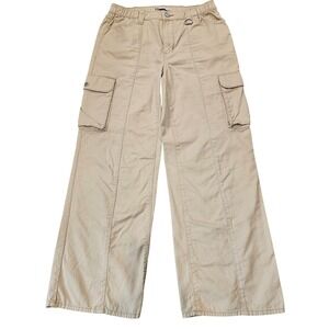 SO High Rise Cargo Wide Leg Pants Y2K Khaki Beige Pocket Elastic‎ Waist